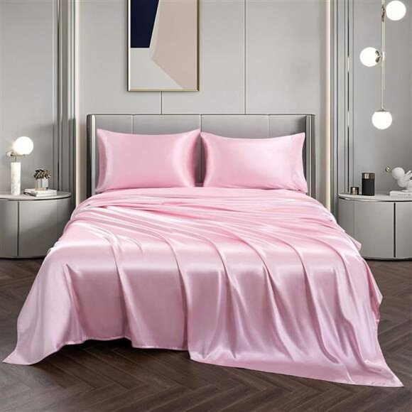 Satin Sheets Full Size Silky Soft Satin Bed Sheets Pink Sheet Set,1 Deep Pocket - Picture 4 of 7